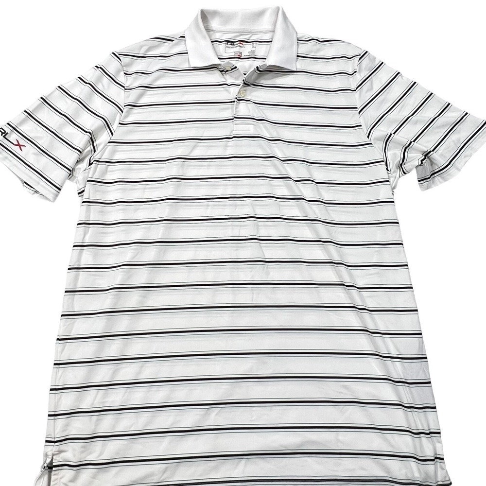 RLX Polo Ralph Lauren Shirt Large White Striped Short Sleeve Stretch Golf